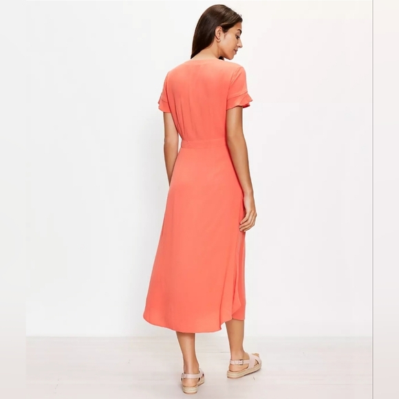 Loft V Neck Midi Shirt Dress Coral Button Down Sundress Size 0 - Picture 3 of 13